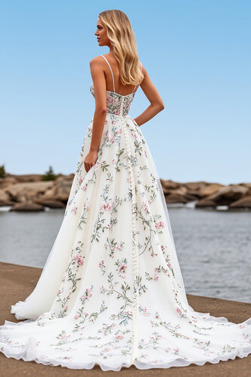 White V Neck Tulle A Line Boho Sweep Train Wedding Dress with Embroidery